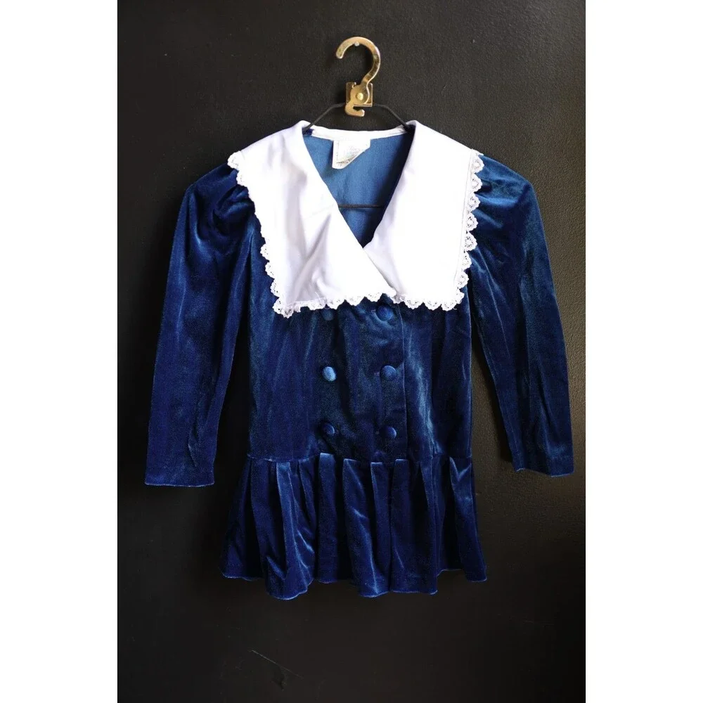 Vintage 80s 90s Royal Blue Velvet White Collar Girls Dress Victorian Style 7P